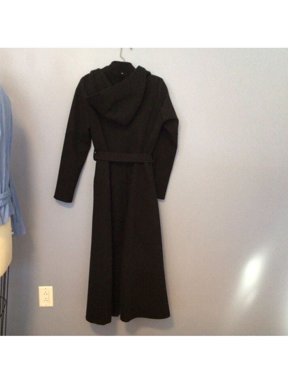 Athwab Black Long Belted Coat Removable Hood Full Zip Sz 40 Fits Like Small - Picture 7 of 11